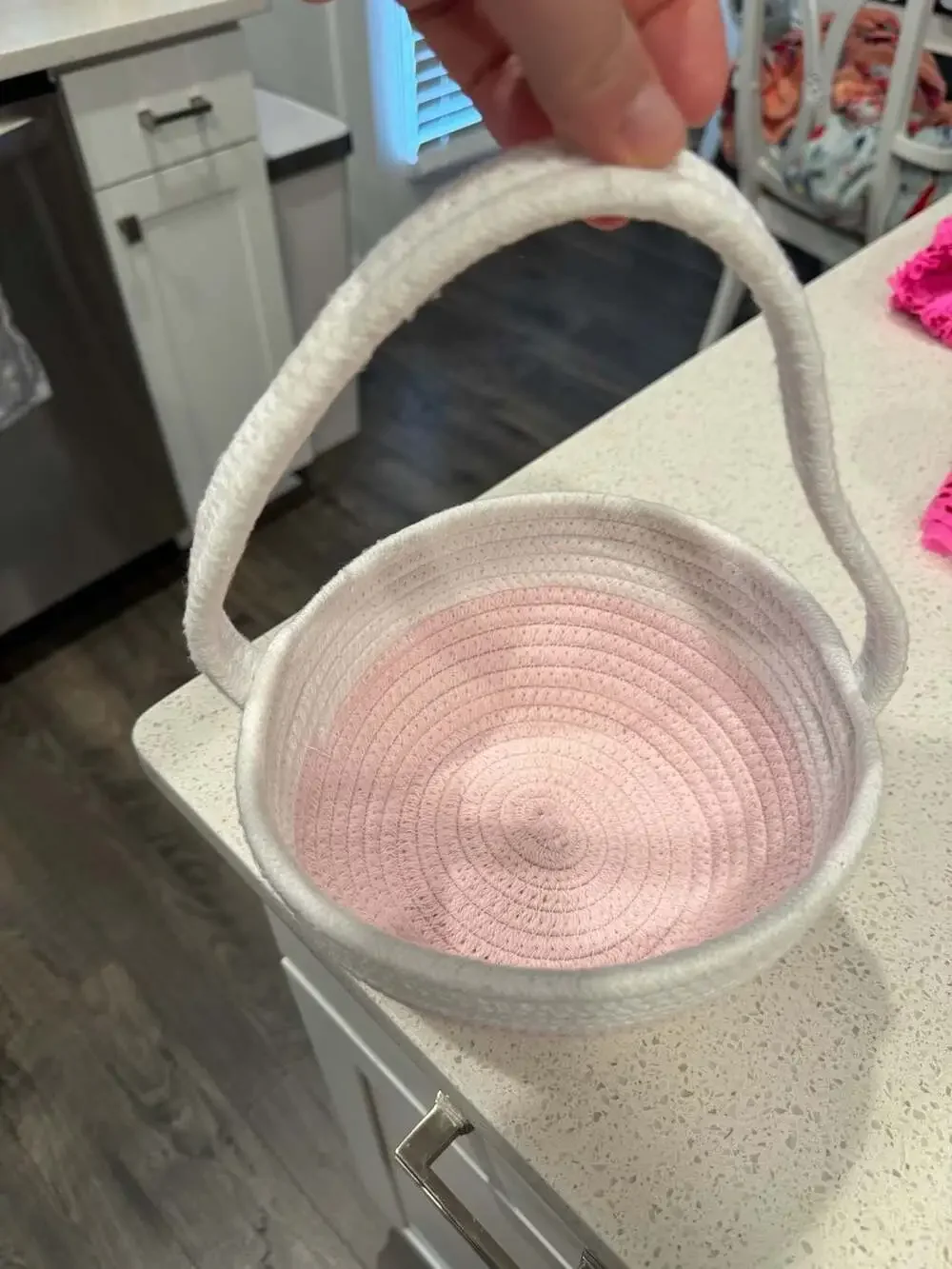 Pink and White Cotton Rope Woven Storage Basket with Handle
